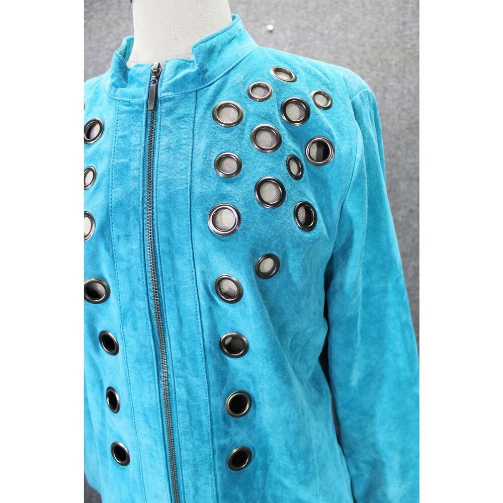 Vintage Victor Costa Turquoise Leather Jacket w/ Grommet size Medium - Picture 3 of 8